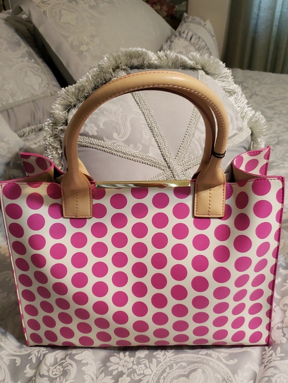 NWT- Pink Polka Dot Tote Bag with Tan Handles Cabana Tote